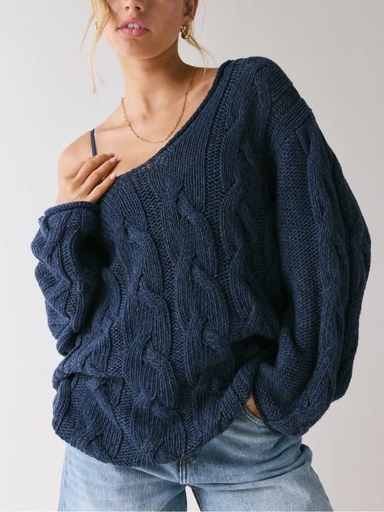 BDG Sweaters - BDG Skylar Chunky Cable Knit Off-Shoulder Sweater - Navy